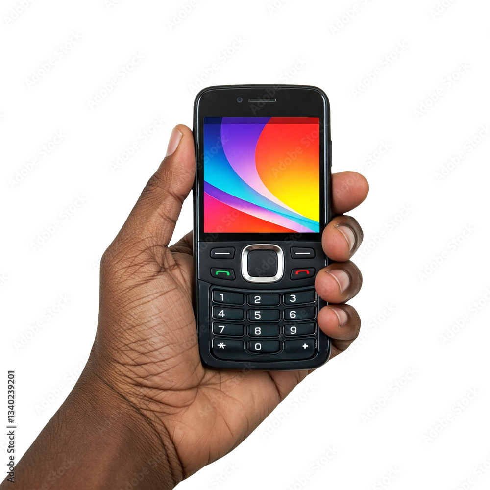 Black man hands holding an old style cell phone isolated on transparent background Black man hands holding an old style cell phone isolated on transparent background