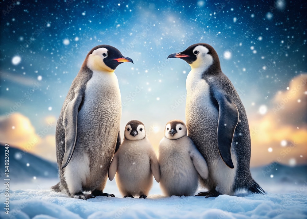 Obraz premium Joyful Penguin Family Winter Wonderland Snow Scene - Adorable Wildlife Stock Photo