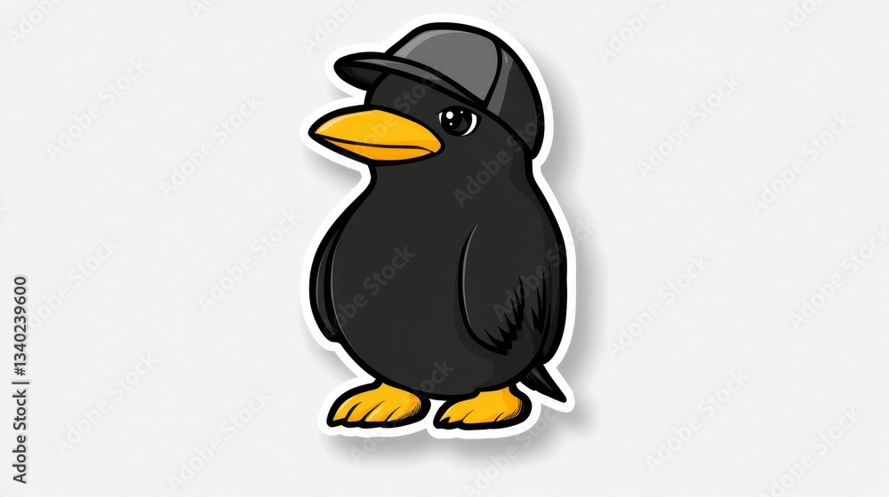 Obraz premium Cute cartoon penguin wearing a gray baseball cap, standing on a white background. Pixel art style.