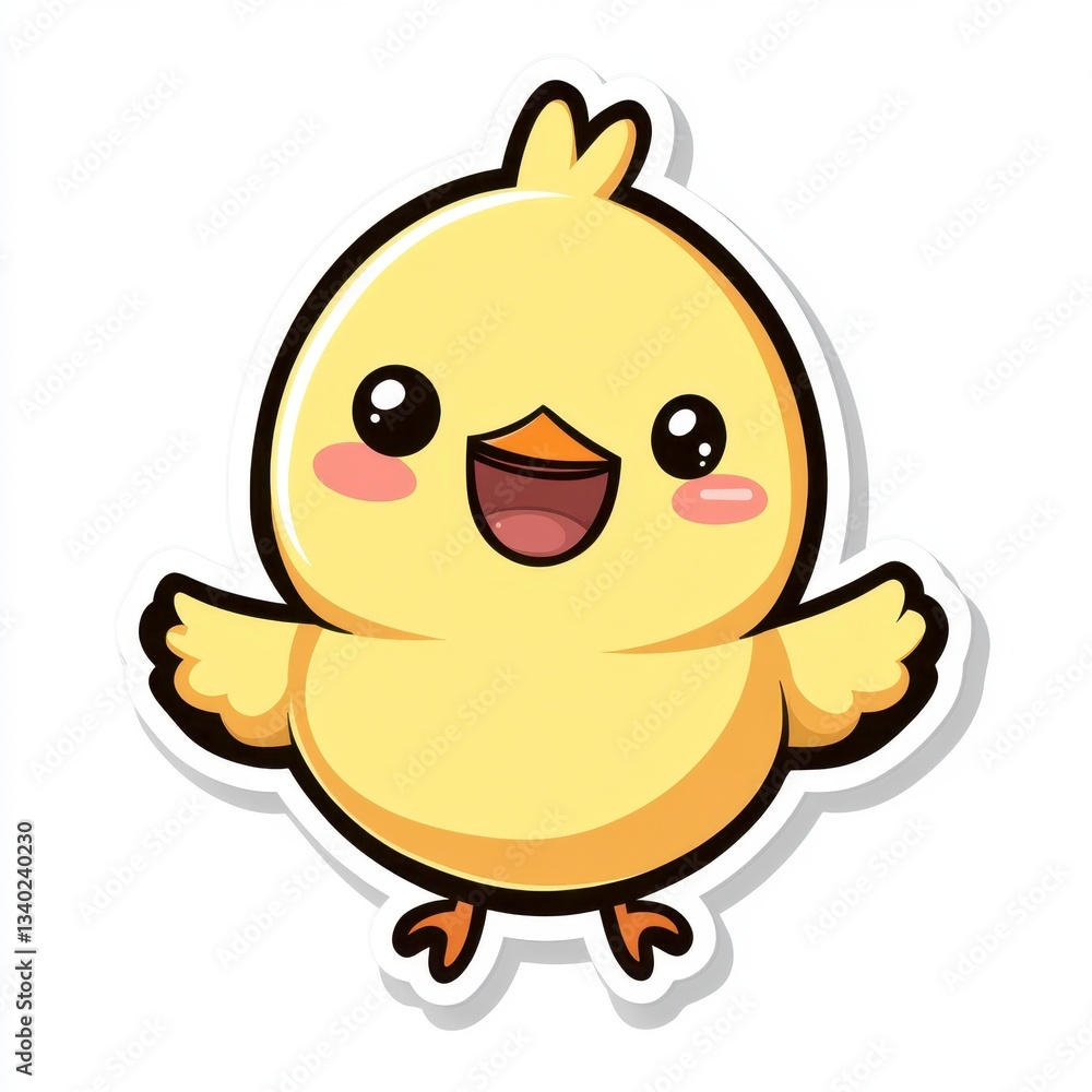 Obraz premium Cute yellow chick cartoon illustration with big eyes and happy expression, white background.