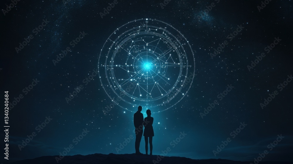 Fototapeta premium Silhouetted Couple Gazing at Celestial Star Map in Night Sky with Bright Constellations and Cosmic Patterns Illuminating Darkness