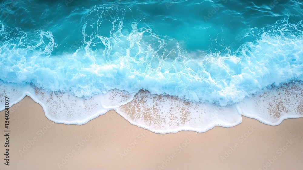 Naklejka premium Turquoise waves gently kiss the sandy shore, embodying the serene essence of summer.