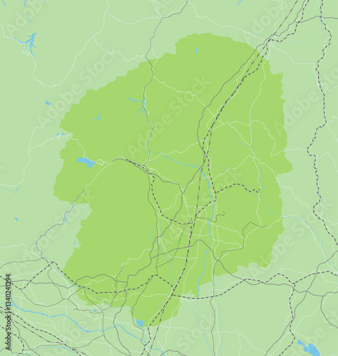 日本の栃木県と隣接する都道府県を含む、緑色のシンプルなロードマップ