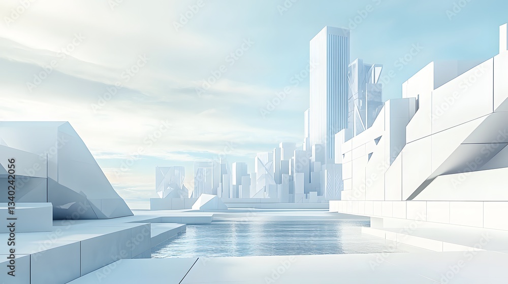 Futuristic white cityscape reflects in clear water under soft sky