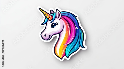 Pixel art unicorn head with rainbow mane against a white background. Cute, colorful, and whimsical illustration.