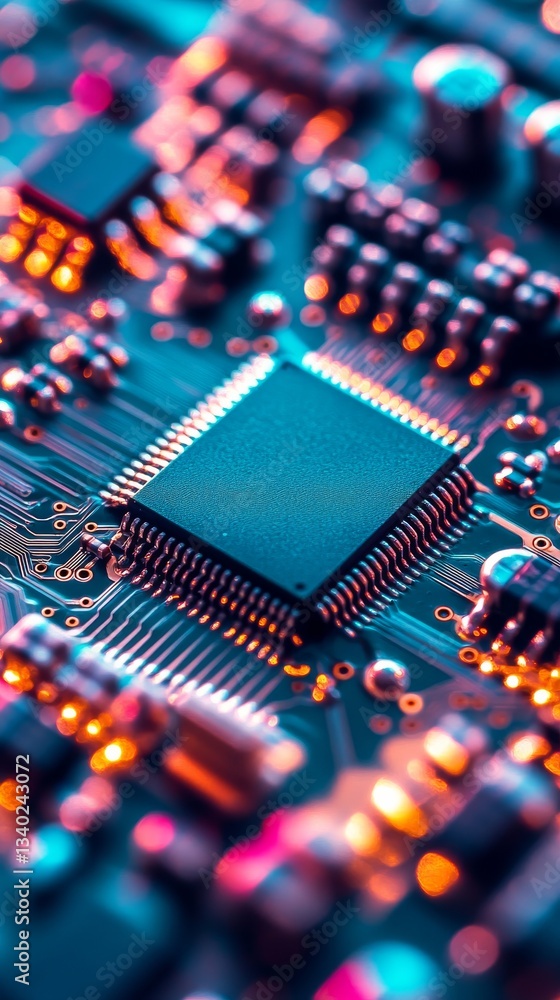 Obraz premium Close-up of electronic circuit board with microchip and glowing lights