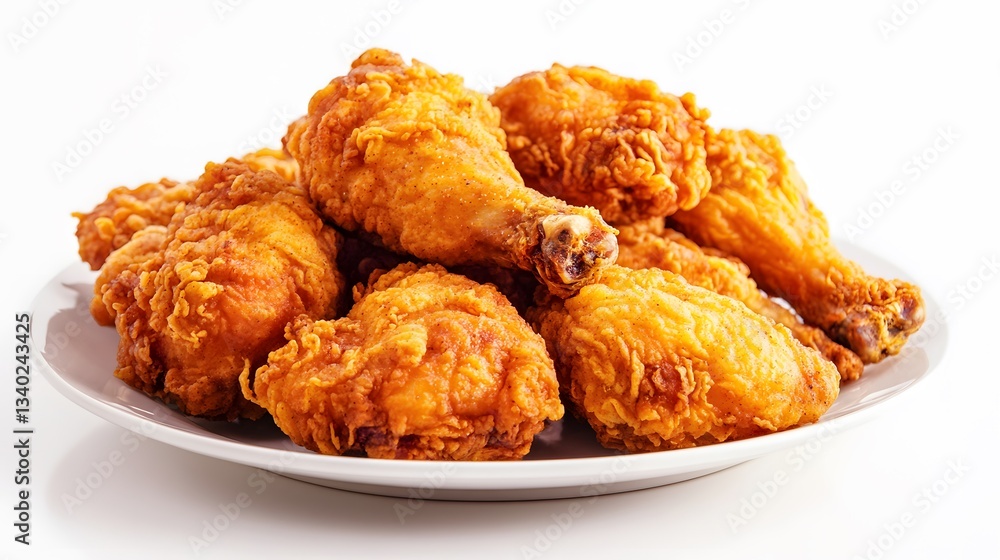 14. A plate of crispy fried chicken with golden-brown skin on a white background 14. A plate of crispy fried chicken with golden-brown skin on a white background