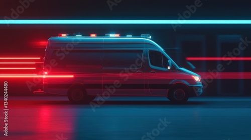 Emergency ambulance vehicle with flashing lights in motion capturing urgency and speed against a dark background with neon light accents