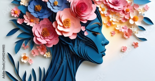 Paper cutout of person whose face is made of blooming flowers deep navy and warm pink symbolizing growth and inner beauty