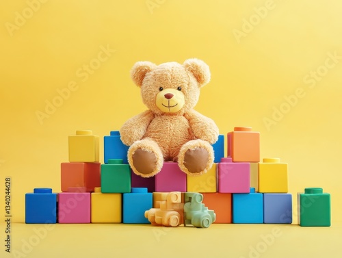 Colorful building blocks and a teddy bear arranged playfully against a bright yellow background, evoking fun and childhood memories.