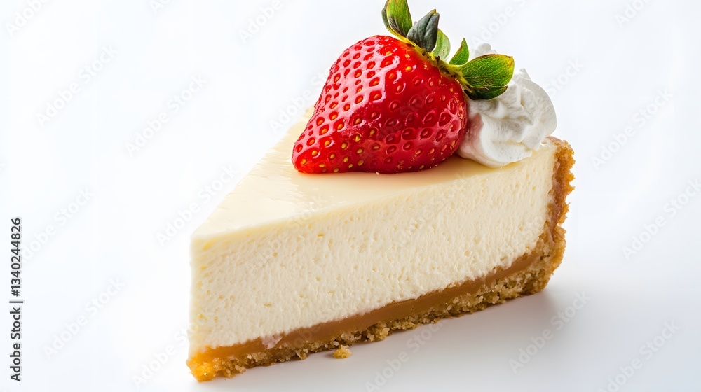 29. A slice of cheesecake topped with a strawberry on a white background 29. A slice of cheesecake topped with a strawberry on a white background