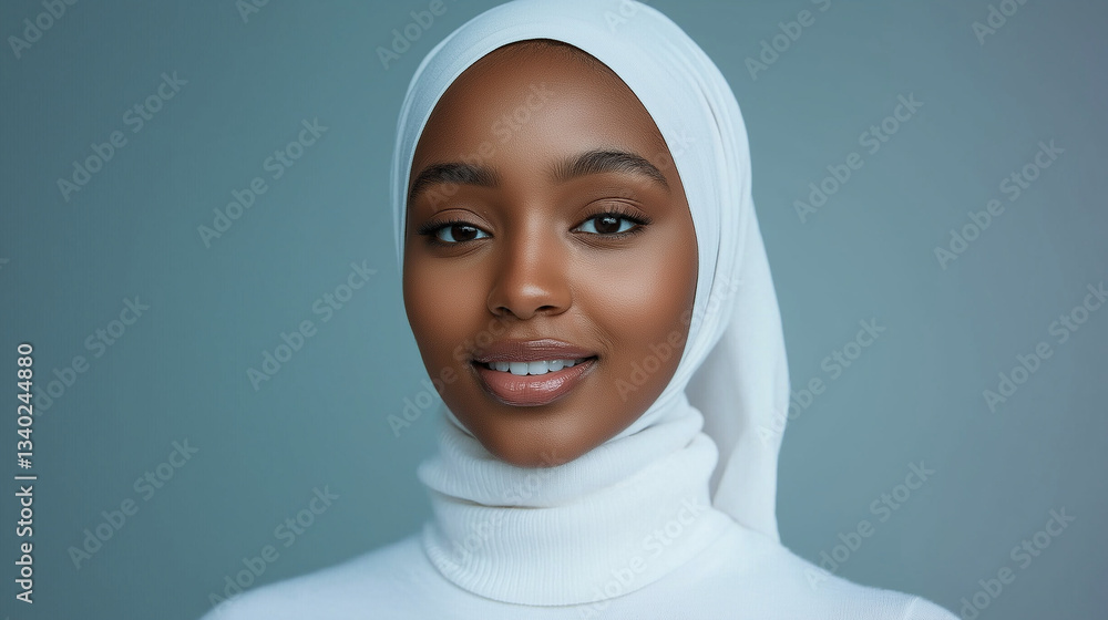 Smiling young muslim woman wearing white hijab and turtleneck Smiling young muslim woman wearing white hijab and turtleneck