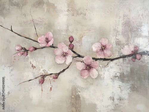 Delicate cherry blossom branches adorned with pink flowers, resting against a soft, natural background.