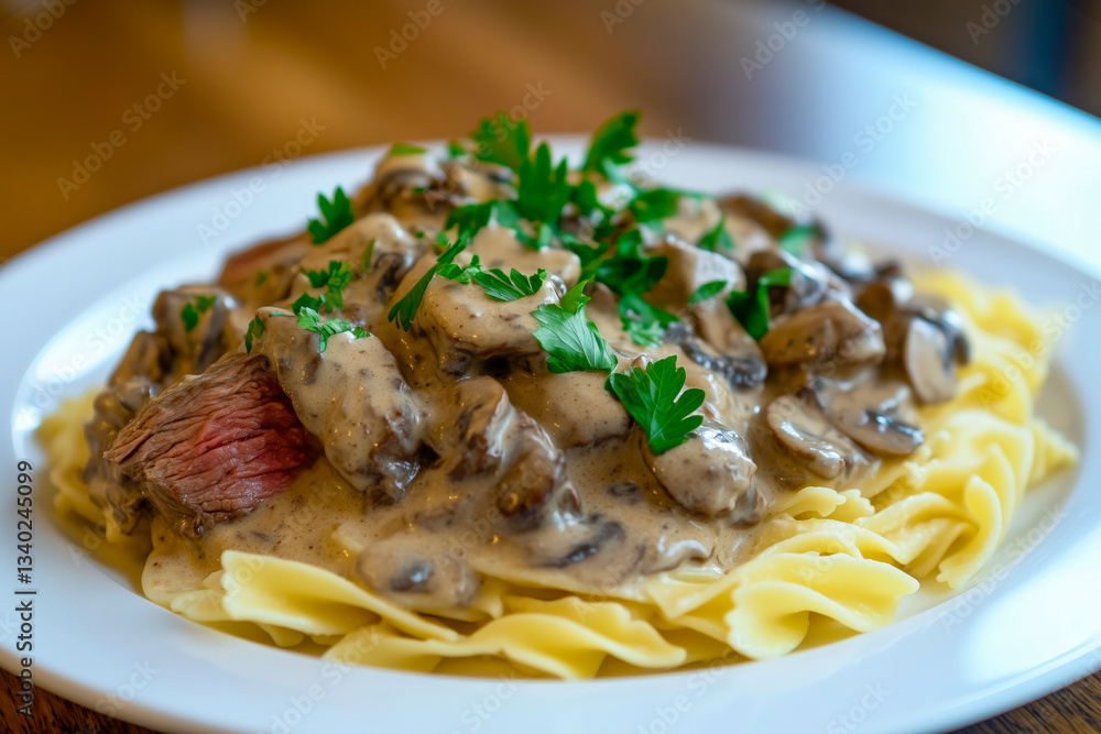 Classic beef stroganoff with mushrooms and creamy sauce, served with tender egg noodles and garnished with fresh parsley on a white plate Classic beef stroganoff with mushrooms and creamy sauce, served with tender egg noodles and garnished with fresh parsley on a white plate