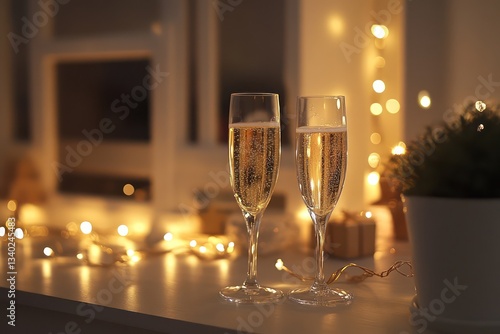 Glasses of sparkling champagne arranged elegantly, illuminated by warm festive lights, setting the tone for celebration.