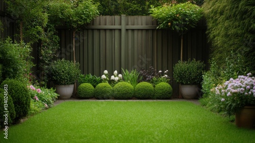 Wallpaper Mural Lush Green Garden with Neatly Trimmed Shrubs, Vibrant Flowers, and a Wooden Fence in the Background, Ideal for Tranquil Outdoor Spaces and Relaxation Torontodigital.ca