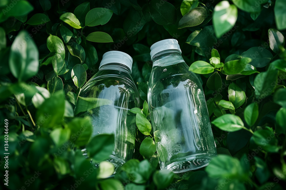 two bottles of water on green leaves two bottles of water on green leaves