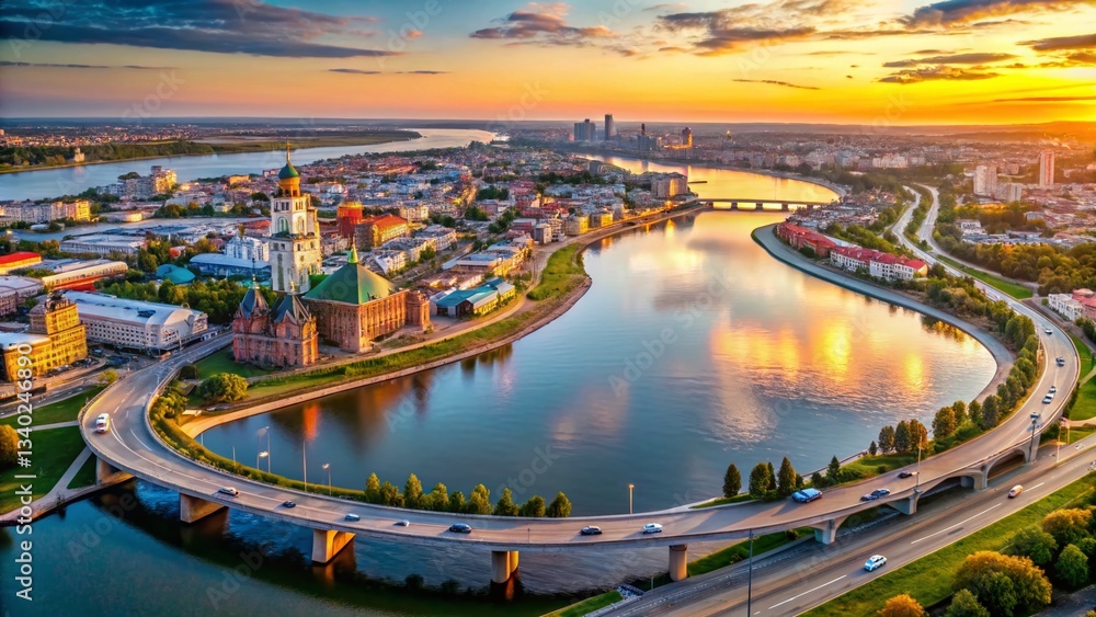 Fototapeta premium Kazan City Panorama: Kazanka River Aerial View, Tatarstan, Russia