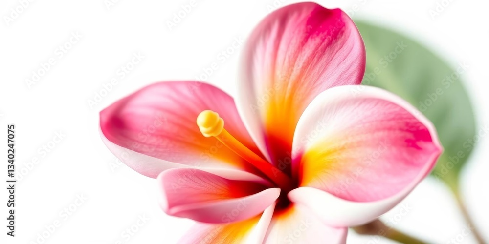 Fototapeta premium Close-up of a single, vibrant frangipani blossom, petals unfurled, isolated on pure white , vibrant, petals
