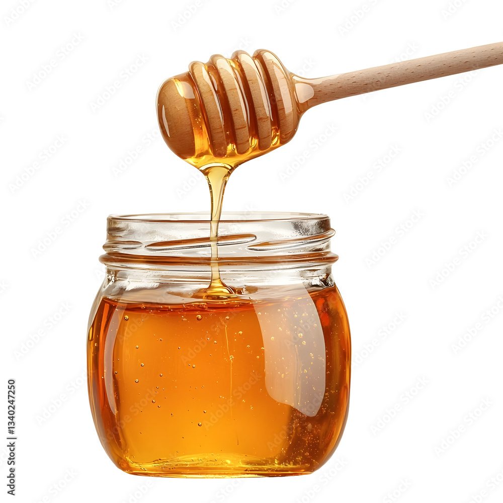 Delicious and golden honey dripping from a wooden dipper into a transparent glass jar showcasing the smooth glossy texture and natural sweetness of this organic nutritious food ingredient Delicious and golden honey dripping from a wooden dipper into a transparent glass jar showcasing the smooth glossy texture and natural sweetness of this organic nutritious food ingredient
