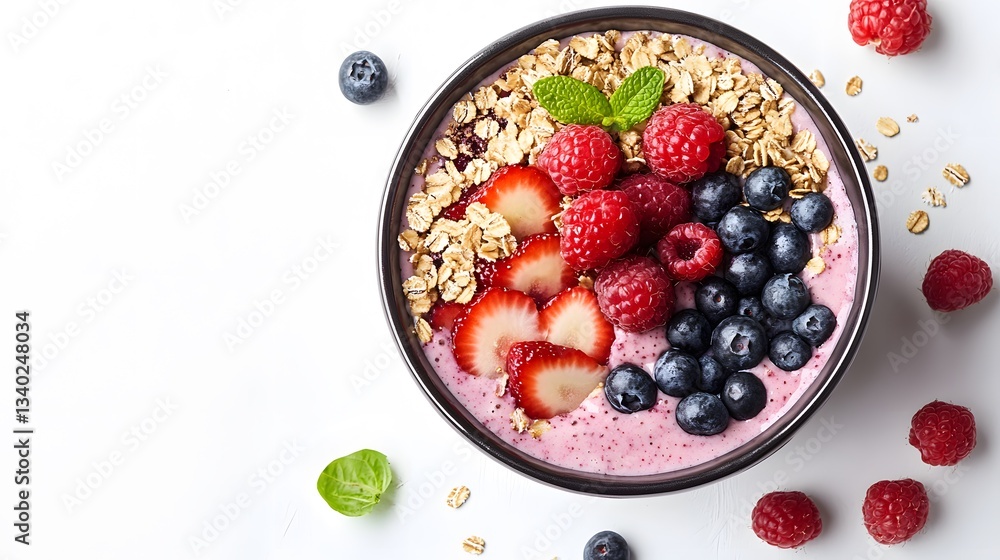 62. A smoothie bowl topped with granola and fresh fruit on a white background 62. A smoothie bowl topped with granola and fresh fruit on a white background