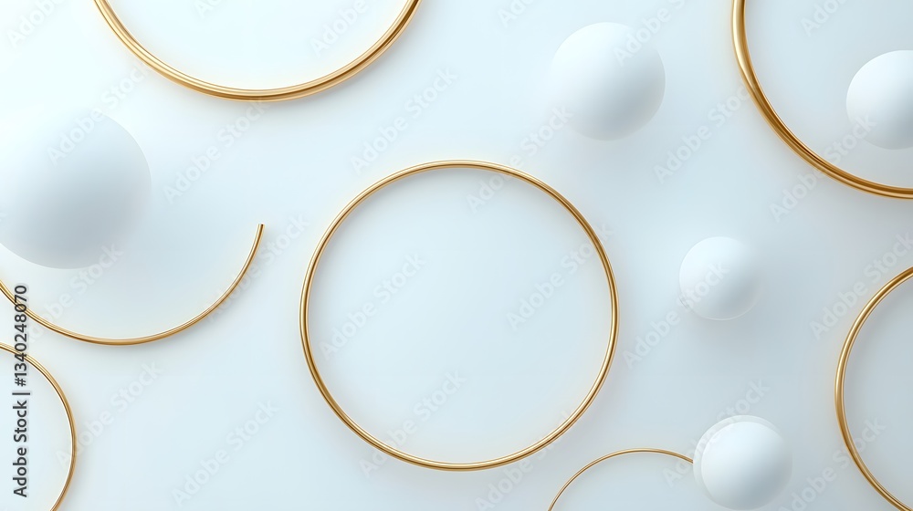 White spheres and golden rings float on a light background White spheres and golden rings float on a light background
