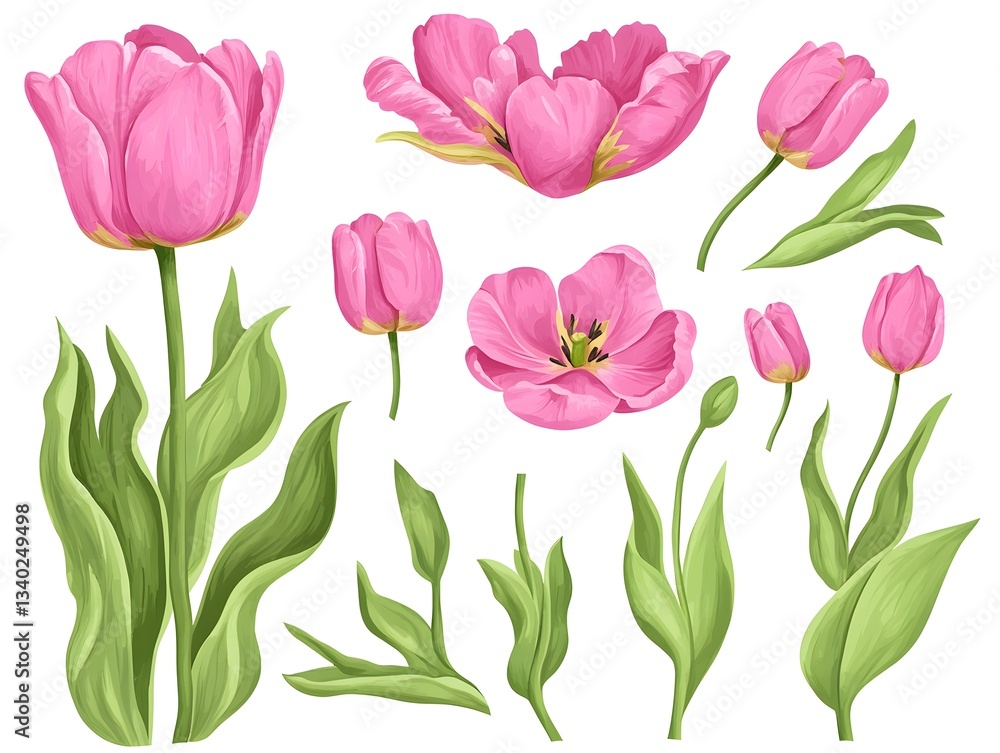 Obraz premium Pink Tulips Floral Elements Botanical Illustration Set