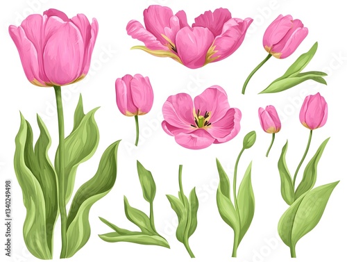 Wallpaper Mural Pink Tulips Floral Elements  Botanical Illustration Set Torontodigital.ca