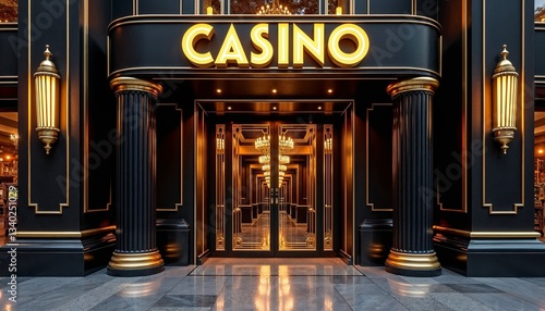 Art Deco casino entrance with luxurious gold and black design
