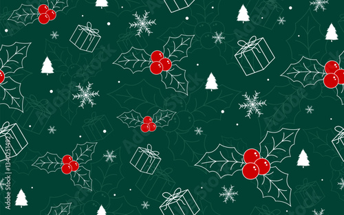 Christmas and new year sameless pattern background design of gift box with xmas leaf on green background Vector illustration