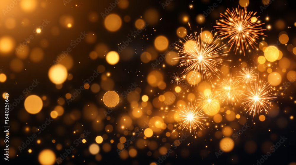 Obraz premium Glittering golden bokeh shining on a dark background with fireworks.