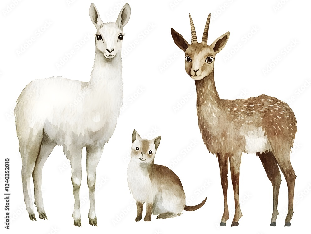 Fototapeta premium Adorable Watercolor Llama Gazelle and Kitten Illustration