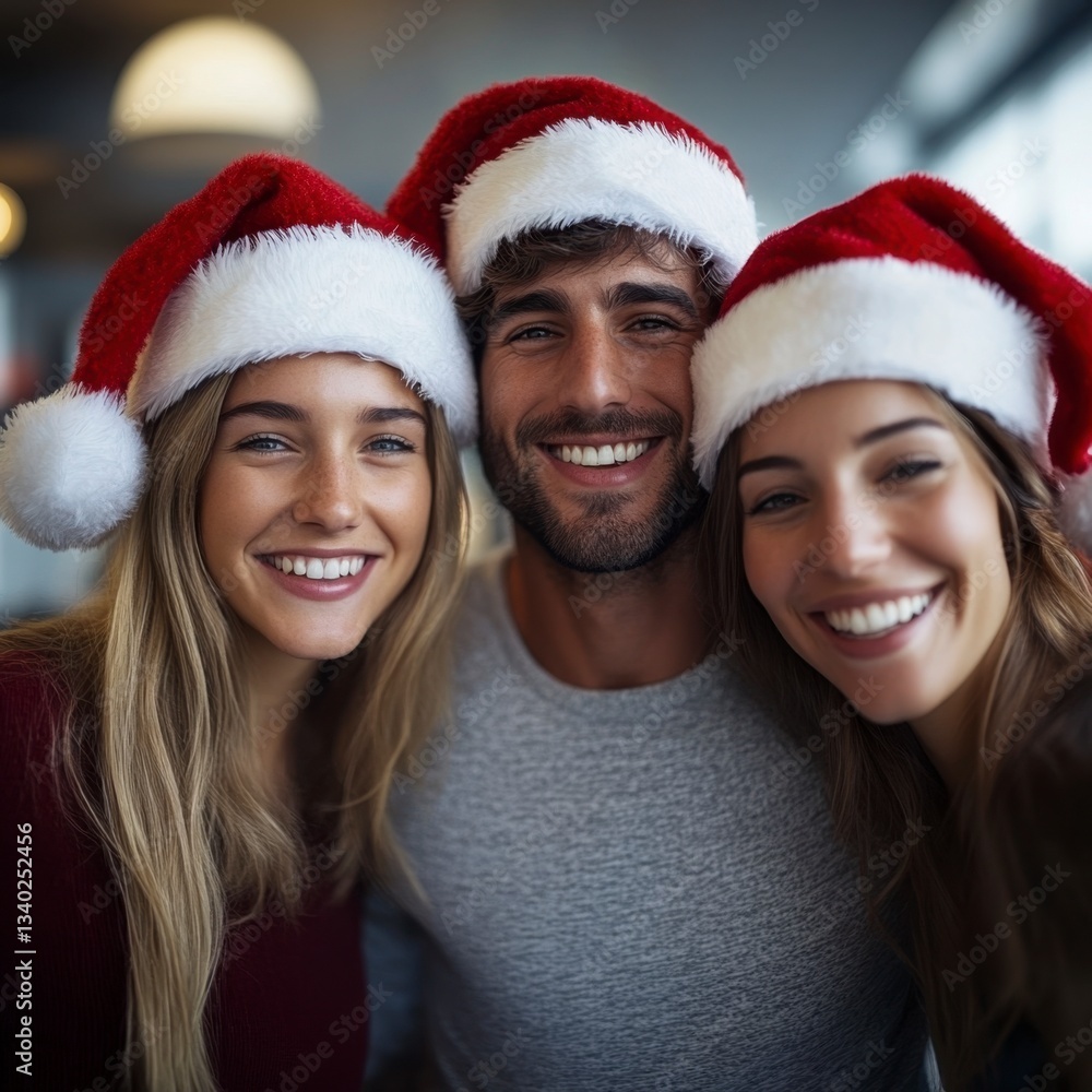 Three young adults wearing Santa hats smile brightly for a close up Christmas portrait against a blurred indoor background. Three young adults wearing Santa hats smile brightly for a close up Christmas portrait against a blurred indoor background.