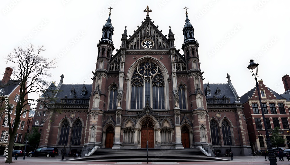 Naklejka premium Majestic Brownstone Church Against Bright White Sky