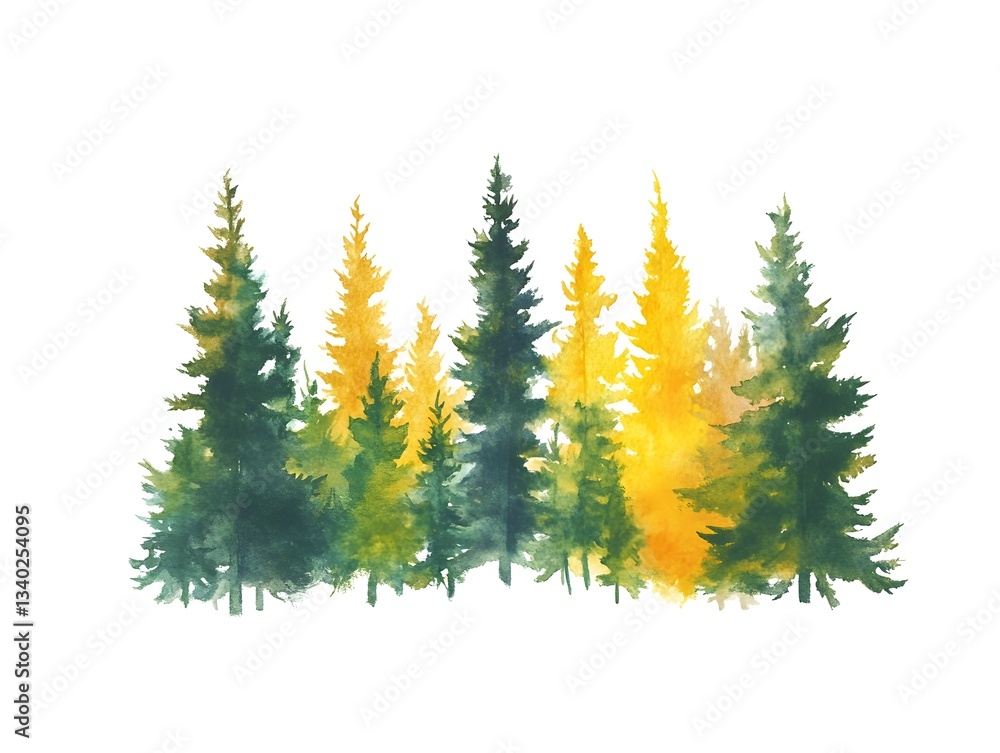 Obraz premium Watercolor Forest Green and Gold Pine Trees Autumn Nature Illustration