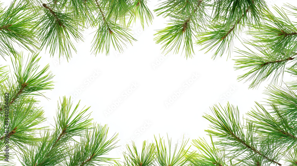 Lush Green Pine Branches Frame Nature Border White Background Holiday Design Christmas Decor Lush Green Pine Branches Frame Nature Border White Background Holiday Design Christmas Decor