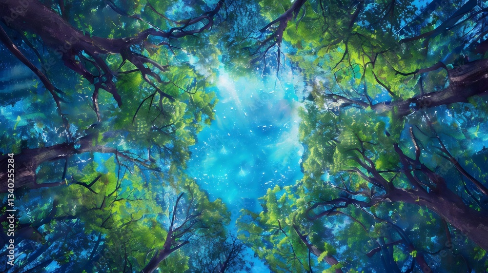 Naklejka premium a dense forest, showcasing tall trees with bright green foliage against a vivid blue sky.