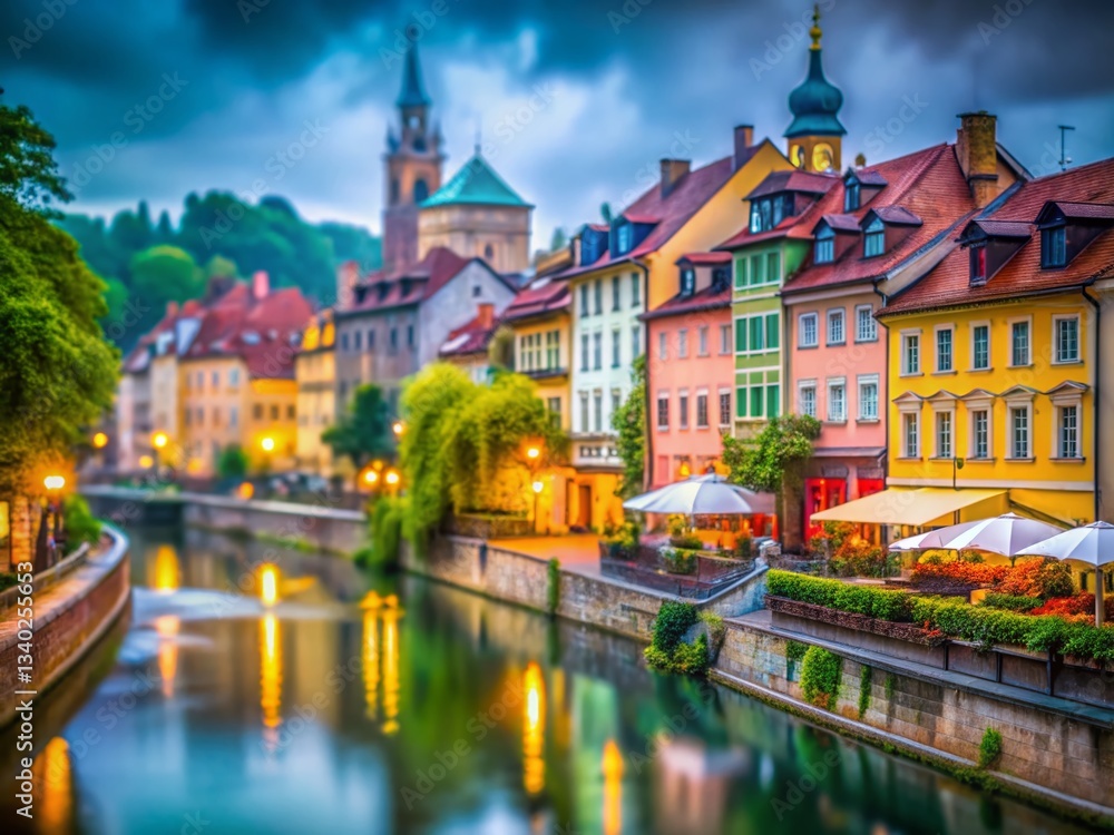Fototapeta premium Ljubljana, Slovenia: Rainy Day Tilt-Shift Photography - Charming Cityscape