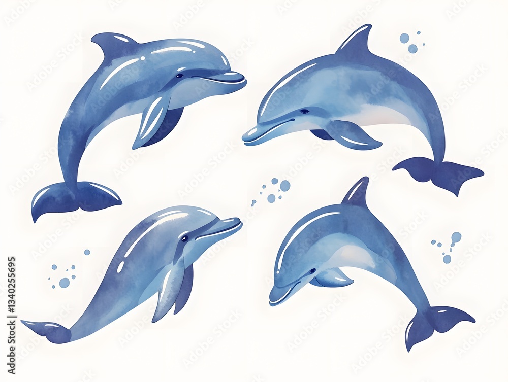 Fototapeta premium Watercolor Dolphins Ocean Wildlife Marine Animals Aquatic Life