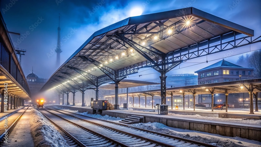 Fototapeta premium Ljubljana Train Station Renovation: Night Demolition Works, Early Winter