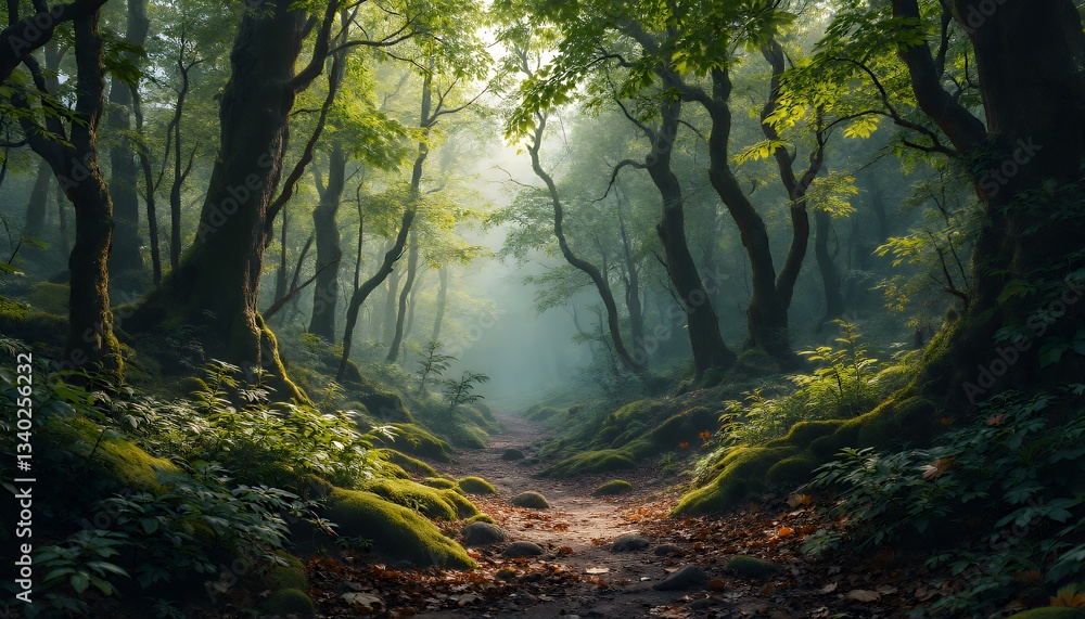 Naklejka premium Sunlit Path Through an Enchanted Forest: A Digital Painting