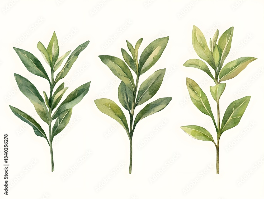 Obraz premium Watercolor Green Leaves Botanical Illustration Set