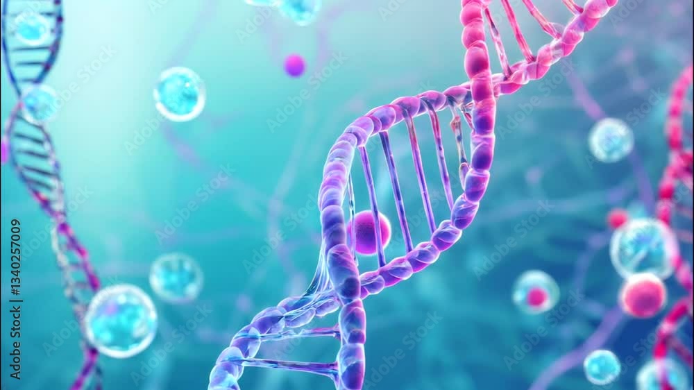 3D CG Animation of Floating Stem Cells and Double Helix DNA Structure Slowly Rotating. 