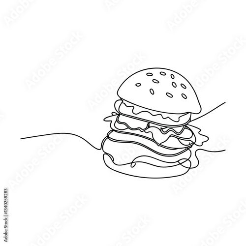 Single Line Art Drawing Delicious Burger Sesame Bun Patty Lettuce