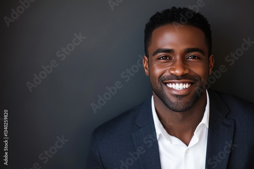 A happy and self-assured businessman, smiling broadly in a formal jacket, presenting a professional and approachable image for his business profile.