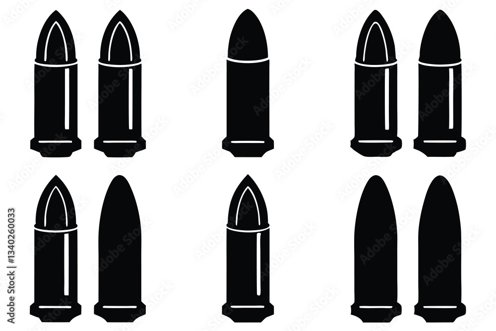 Set of isolated bullets on white background with a variety of tags including military, weapon, ammo, and design elements Set of isolated bullets on white background with a variety of tags including military, weapon, ammo, and design elements