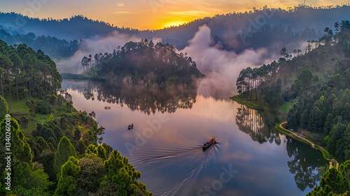 serene mountain lake at dawn with mist over crystal-clear waters