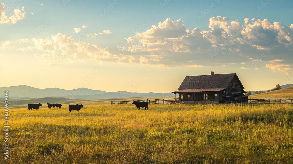 A cozy ranch house surrounded by open fields and grazing cattle. A cozy ranch house surrounded by open fields and grazing cattle.