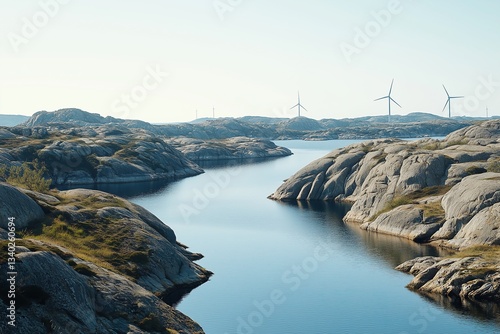 Scandinavian Fjords with Wind Turbines: Clear Sky, Clean Water, and Rocks. A Renewables and Nature Harmony