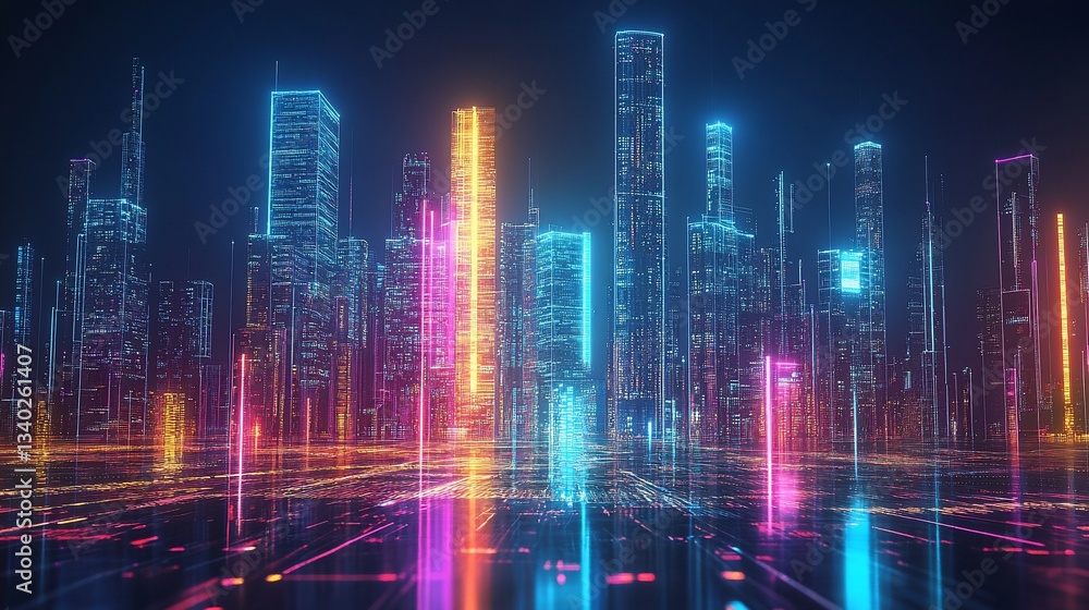 Futuristic Cityscape with Neon Glow and Geometric Grid Reflections Futuristic Cityscape with Neon Glow and Geometric Grid Reflections